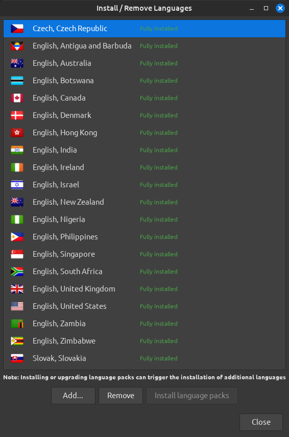 installed languages on Linux Mint