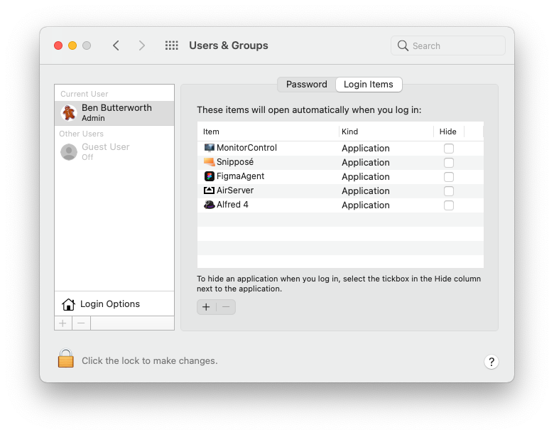 Users & Groups section of macOS Big Sur System Preferences