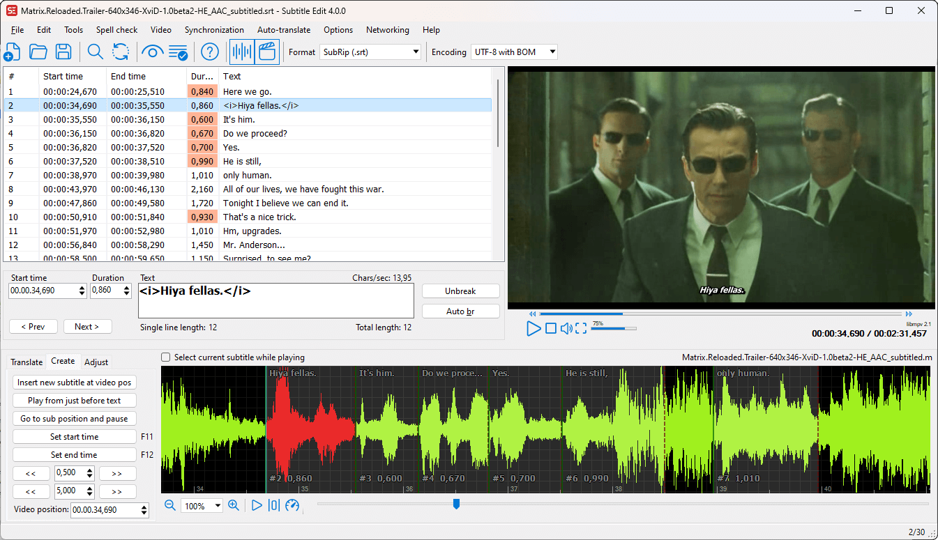 SubtitleEdit Screenshot with default font