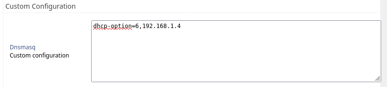 Dnsmasq custom configuration: dhcp-option=6,192.168.1.4