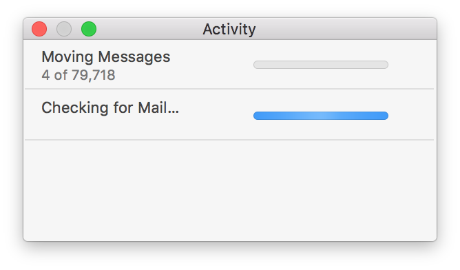 Mail.app Activity window showing two tasks: 