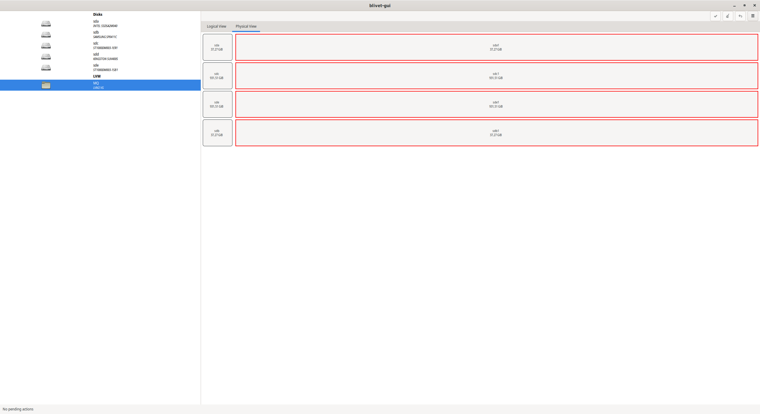 A screenshot of blivet gui on my desktop system where the sdd drive is the system drive while all the other are auxiliary drives