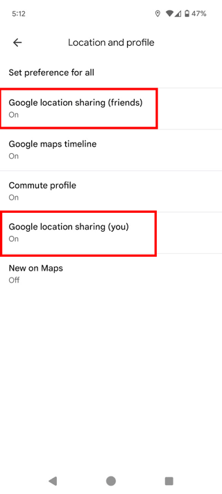 Google Maps notifications settings > Location and profile (fine)