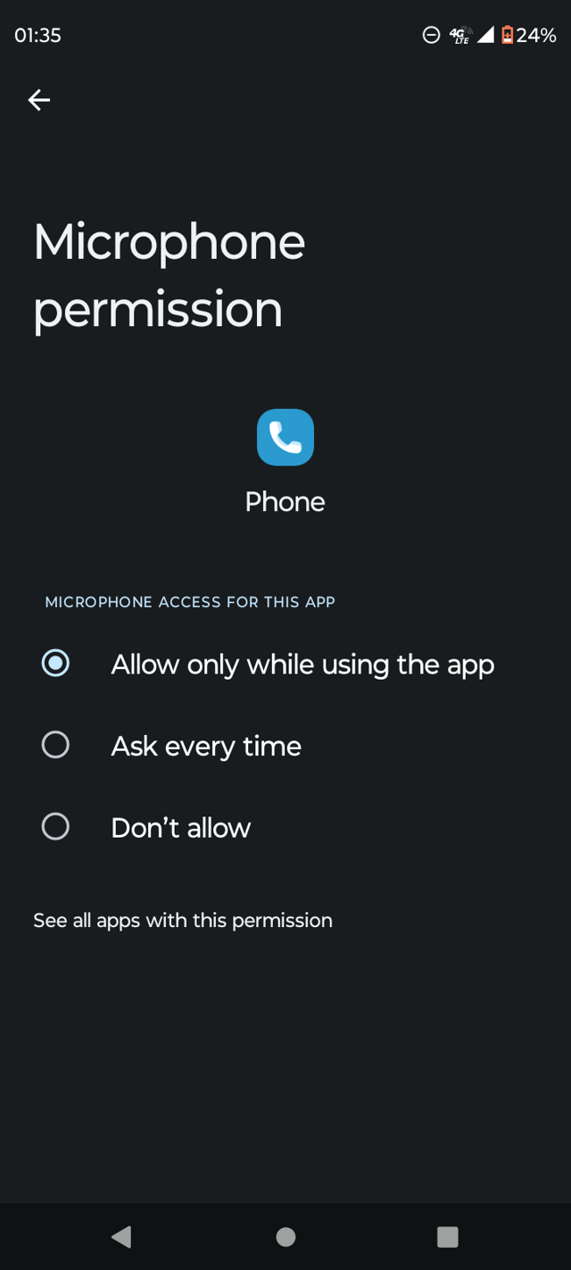 Screenshot of Android Phone app permissions' configuration