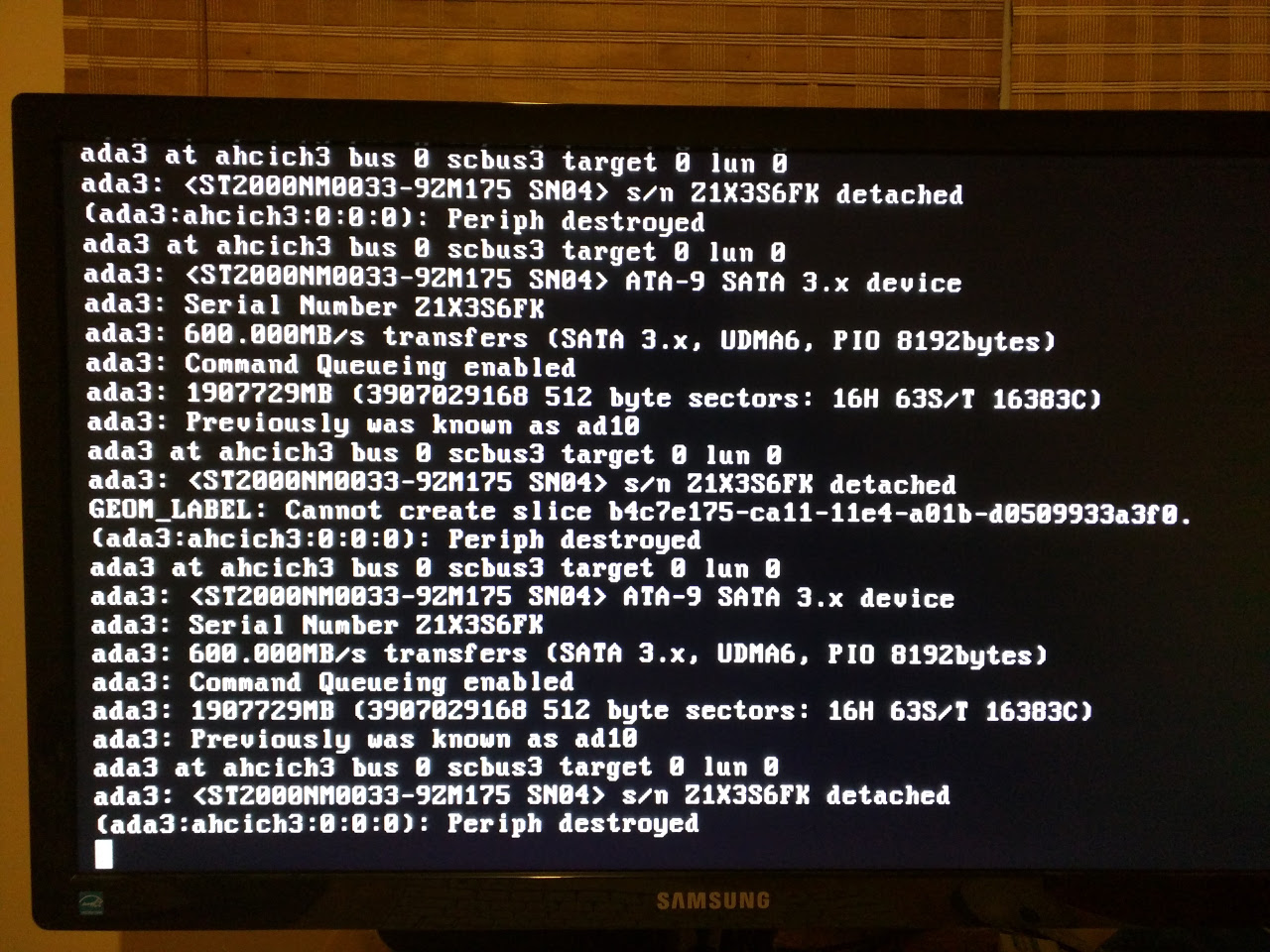 Screenshot of error in FreeNAS