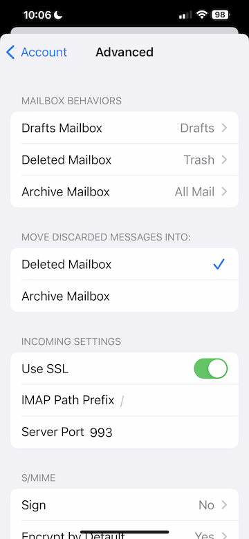 screenshot of Mail Settings