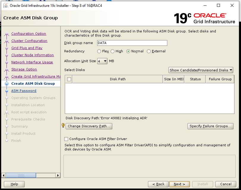 screenshot of the gridSetup.sh installer which fails at disk discovery with the error 49802 initializing ADR 
