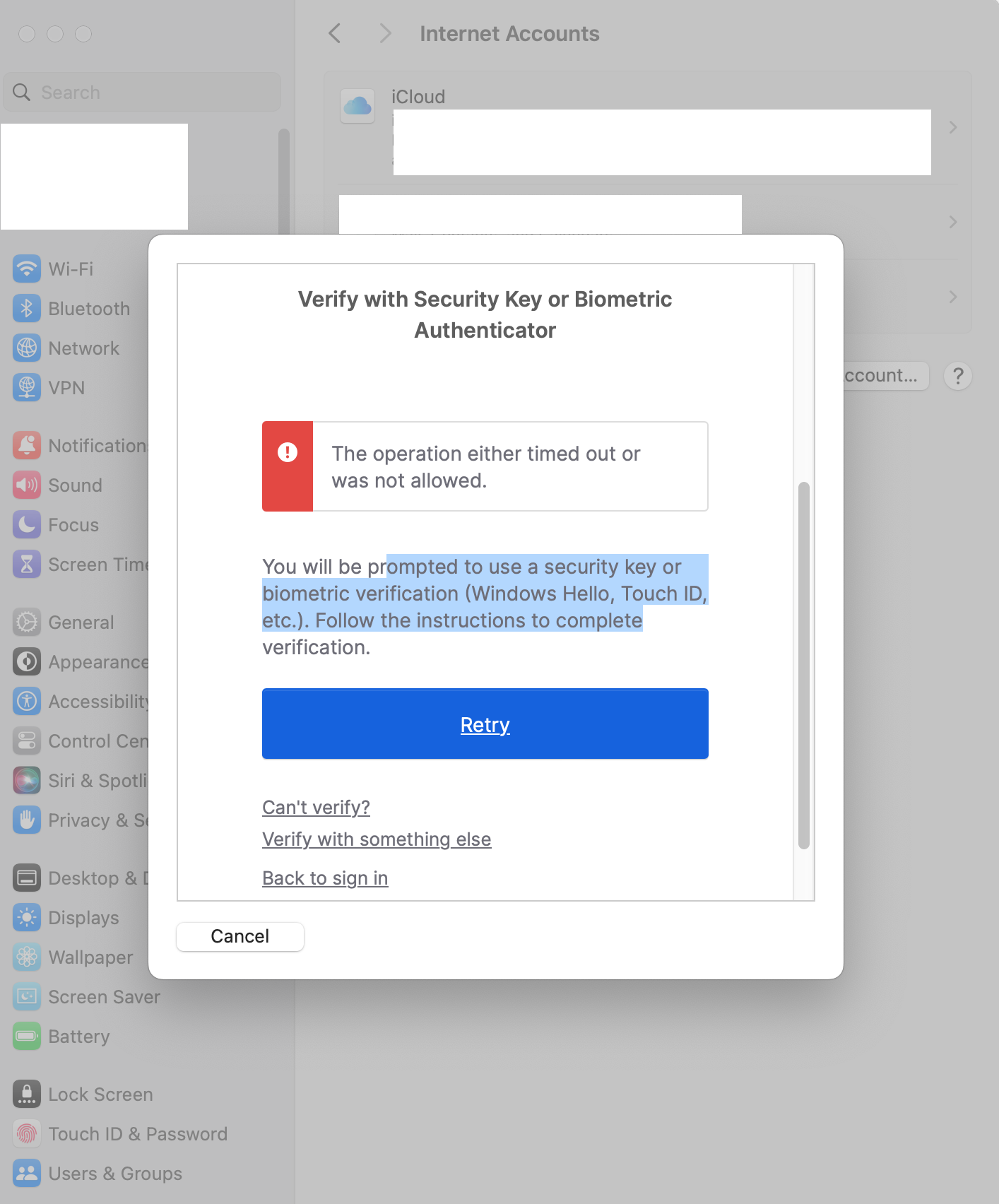 internet accounts with error