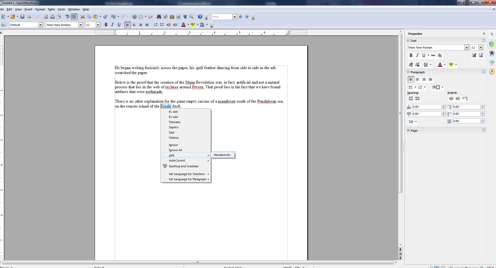 picture of OpenOffice with right click menu open to adding new word to dictionary standard.dic