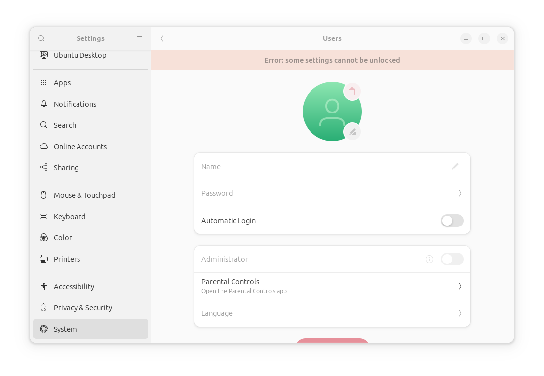 Settings System->Users error