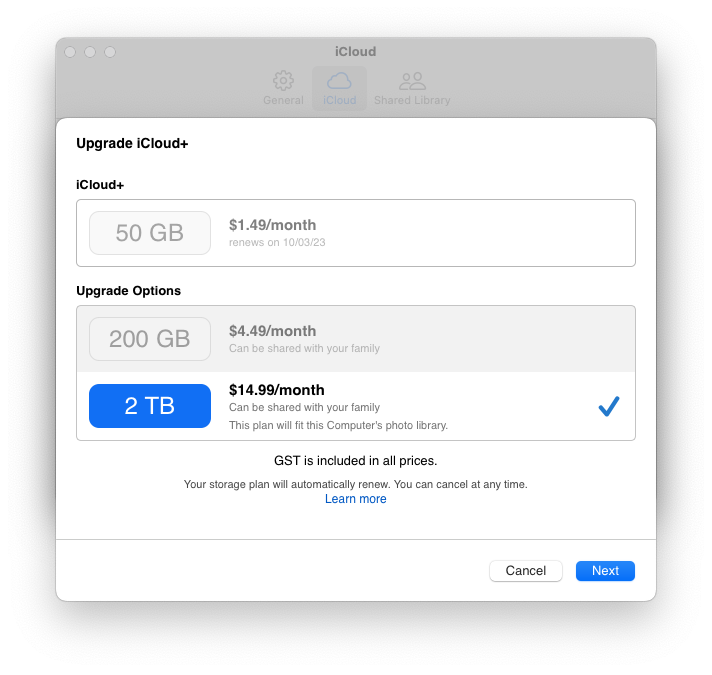 screenshot of dialog box showing upgrade options to iCloud+
