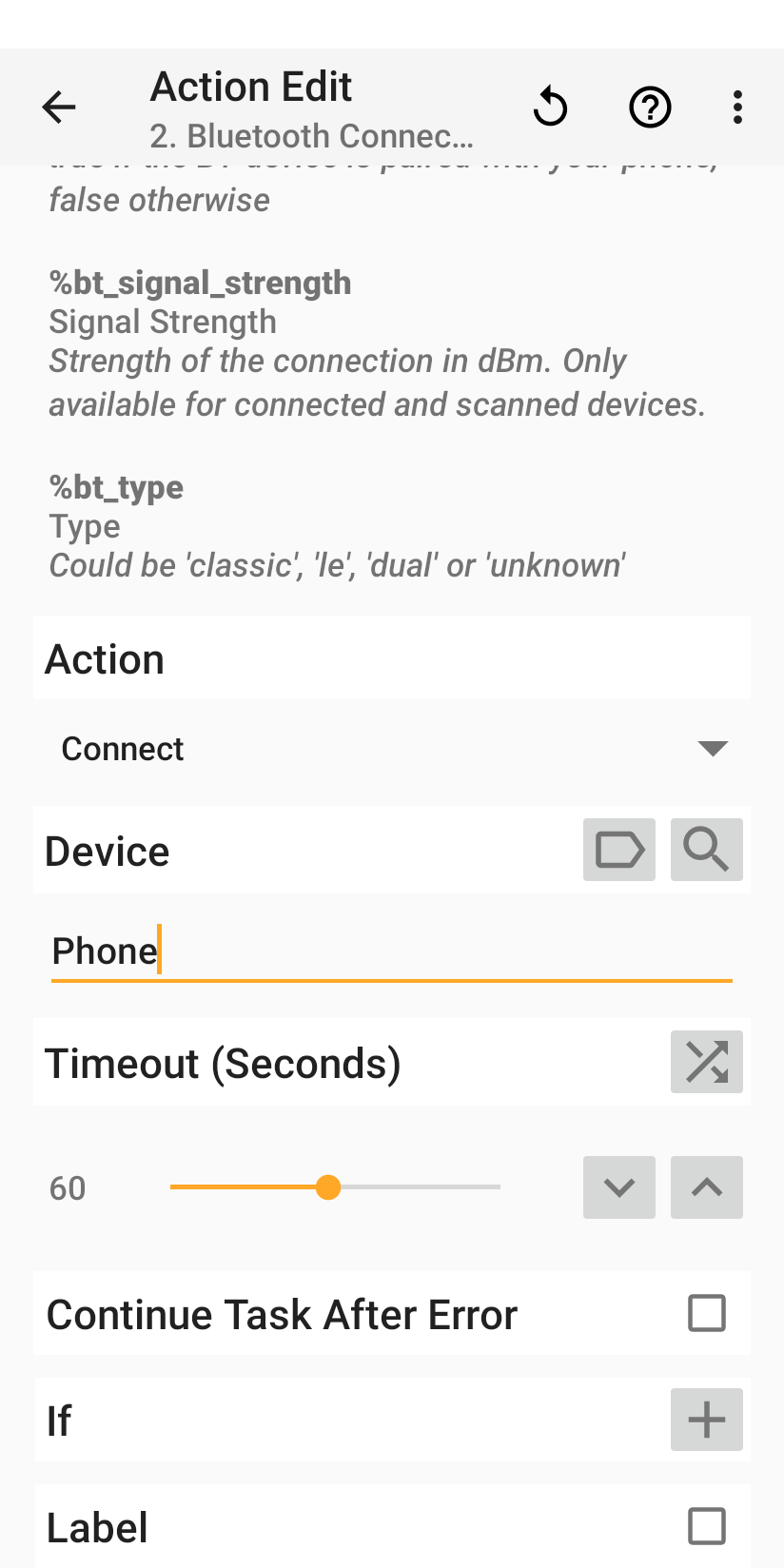 Action Edit screenshot, Action Connect, Device Phone, Timeout 60 seconds