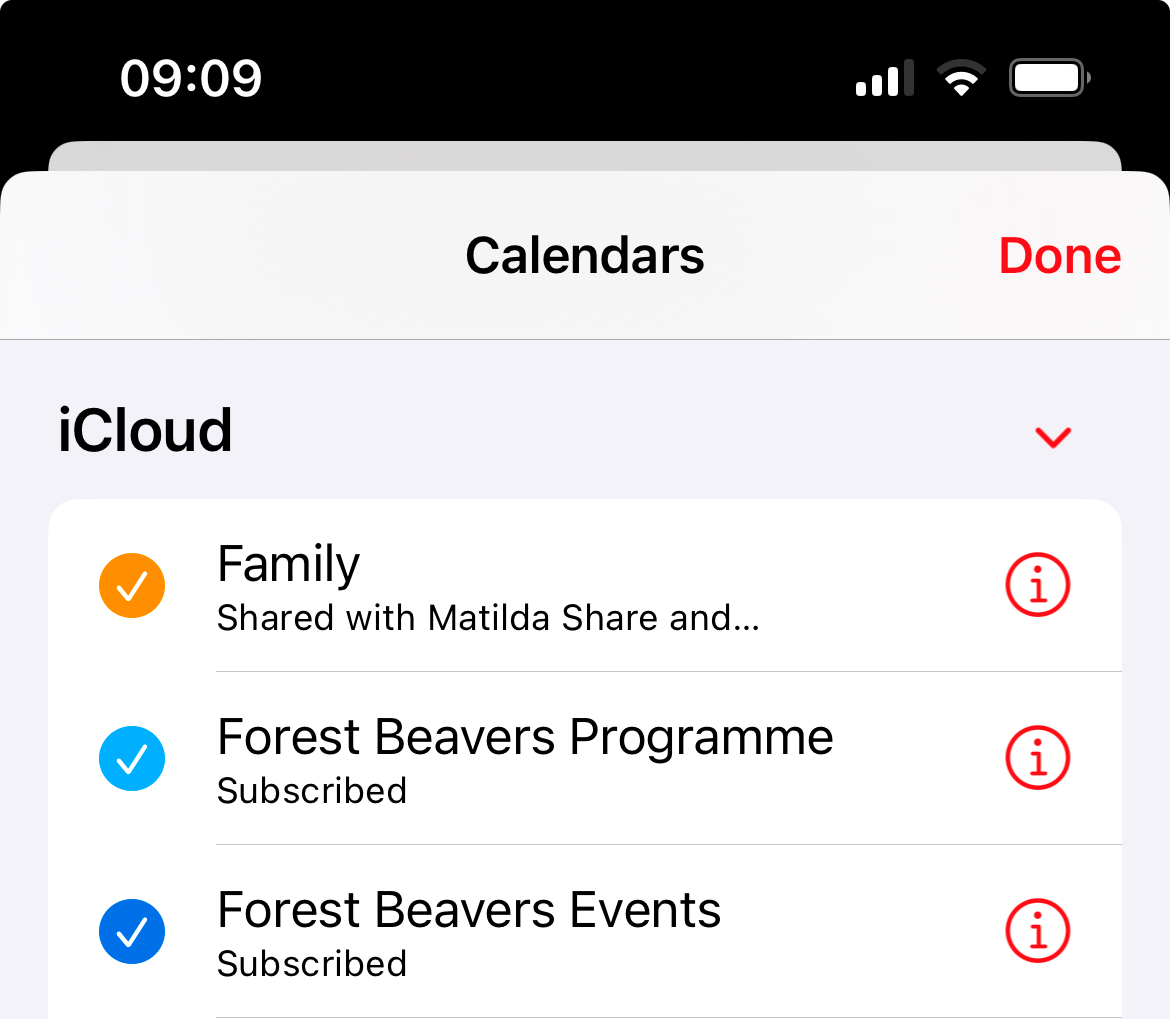 screenshot showing subscribed calendars under the “iCloud” heading to