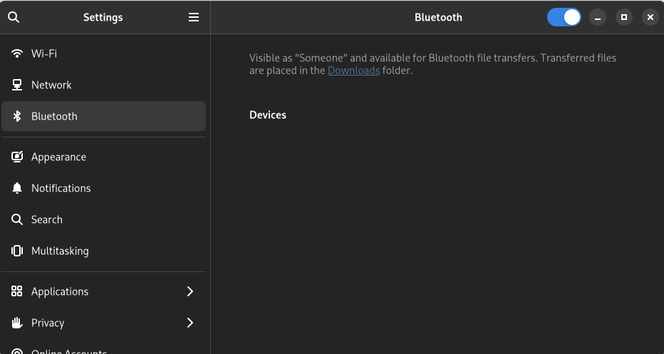 bluetooth GUI showing it is off