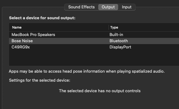 Mac sound preferences showing that balance is turned off when Zoom is active