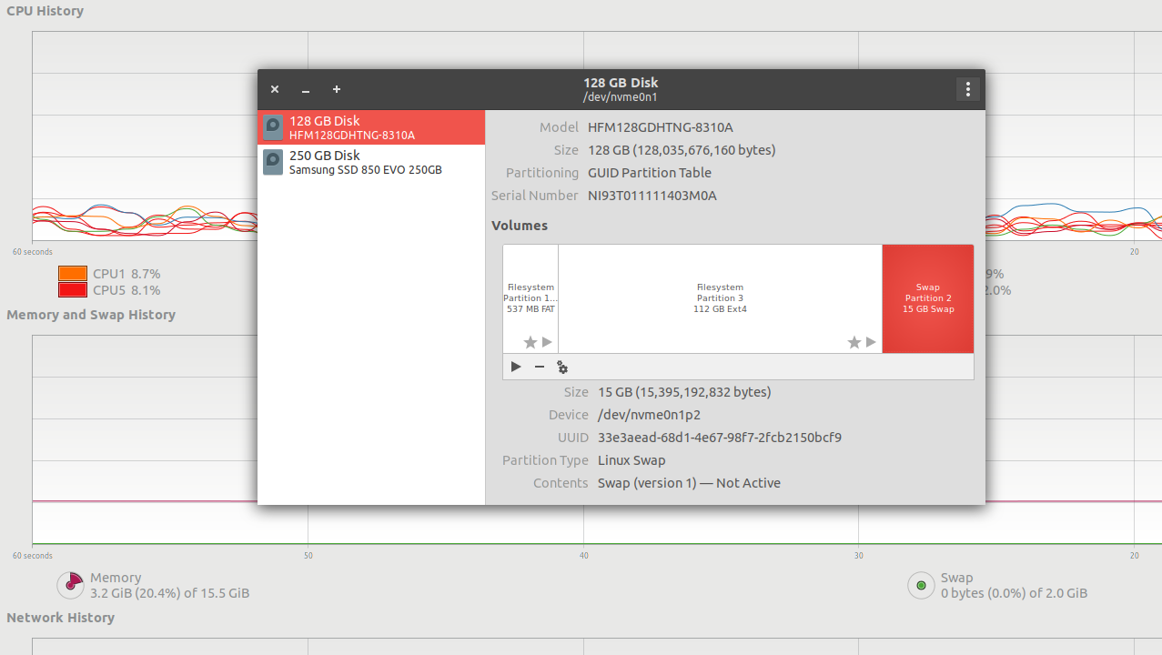 system monitor and disks output
