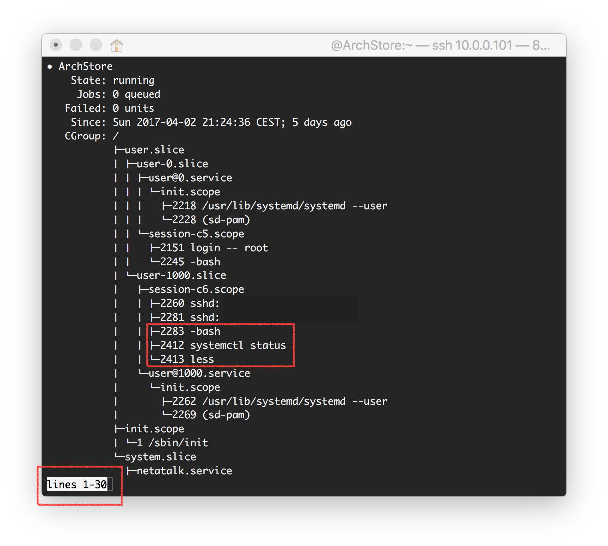 Output of systemctl status