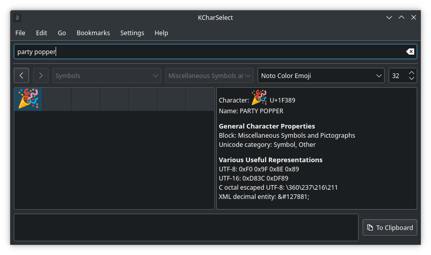 KCharSelect application showing the party popper emoji