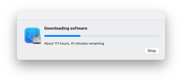 dialog box predicting 111 hours to download and install the command line tools