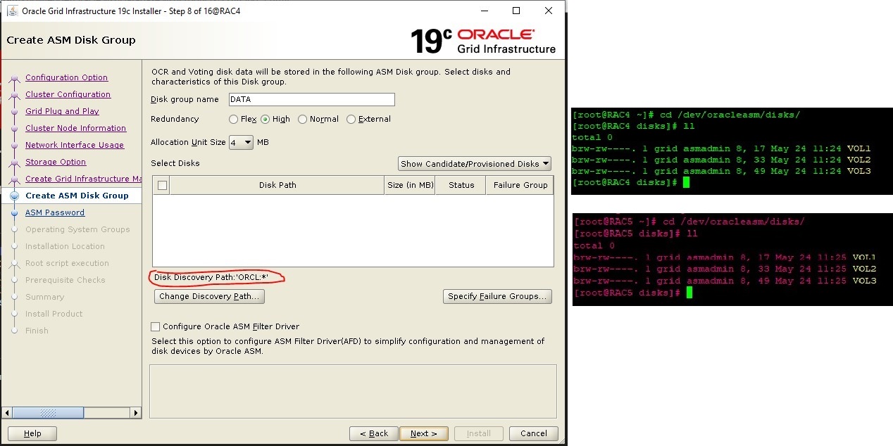 both nodes have 3 asm disks VOL1,2,3 stamped by AsmLib