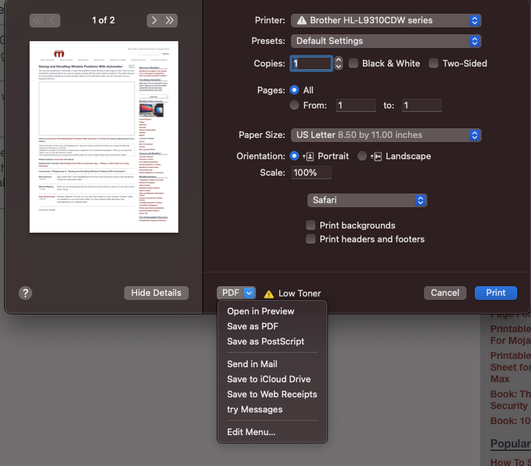 PDF print pop up menu