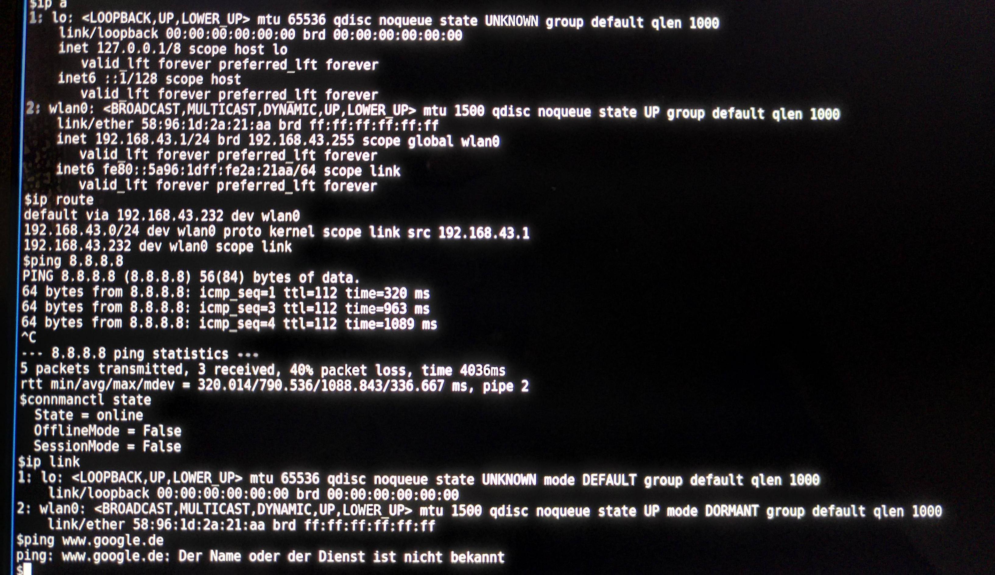 bash outputs of ip a, ip route, ping 8.8.8.8, connmanctl state, ip link, ping www.google.de