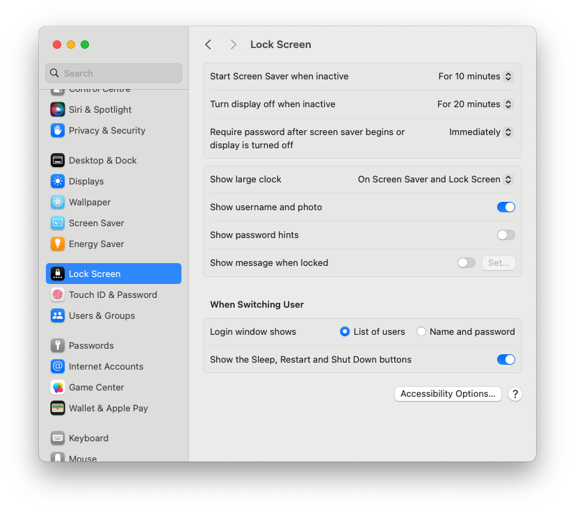 Lock Screen settings on Mac Studio