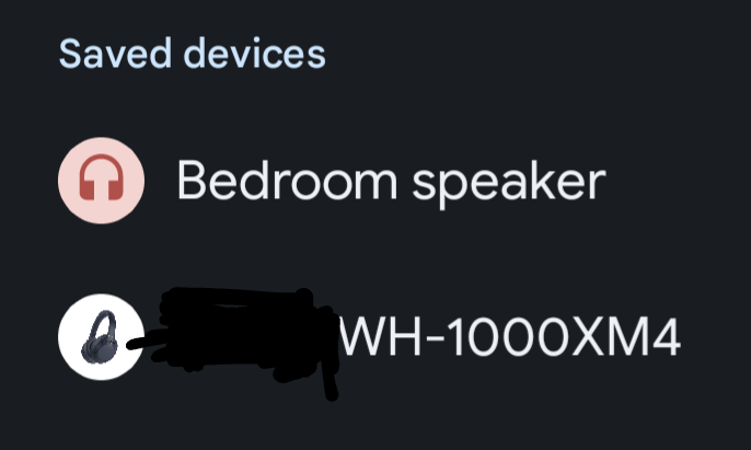 Bluetooth settings showing Bedroom Speaker with a generic headphones icon, and WH-1000XM4 with a photo of the device in question