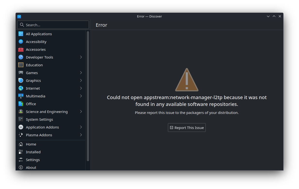 Could not open appstream:network-manager-l2tp because it was not found in any available software repositories.