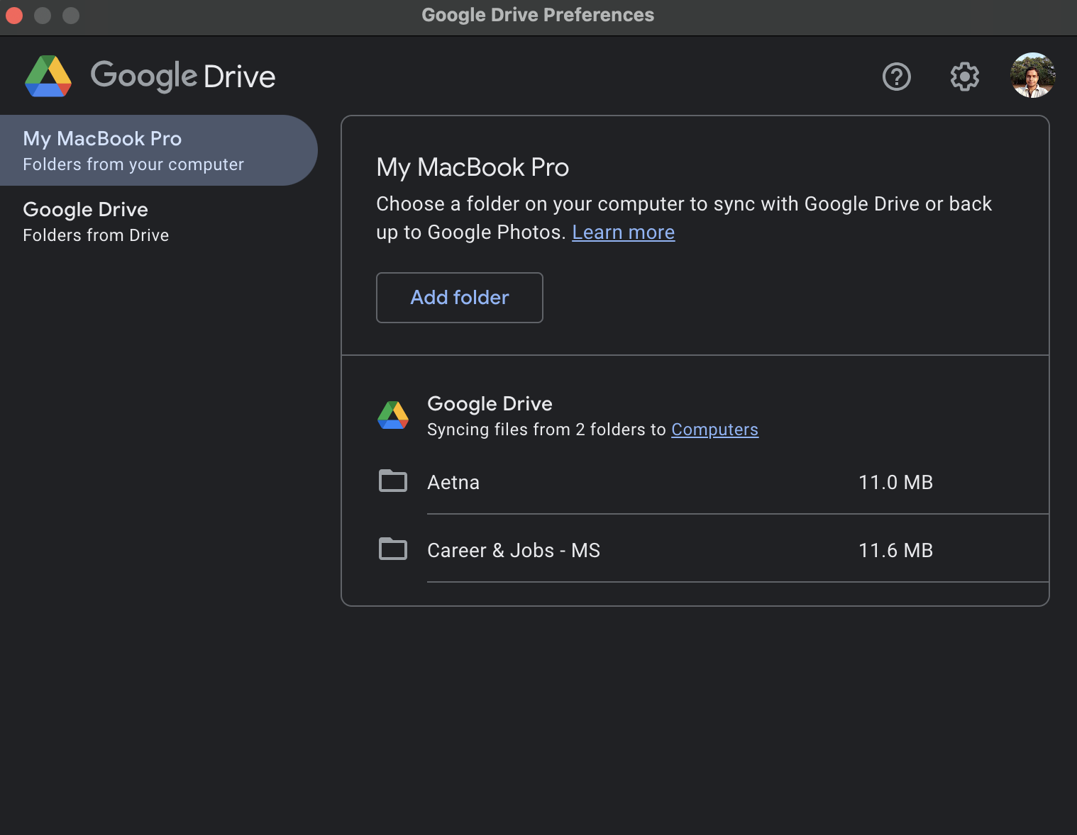 Google Drive Preferences - My MacBook Pro (Folders from your computer)