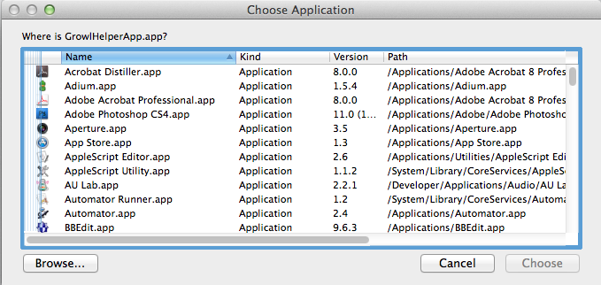 Choose Application dialog: Where is GrowlHelperApp.app?