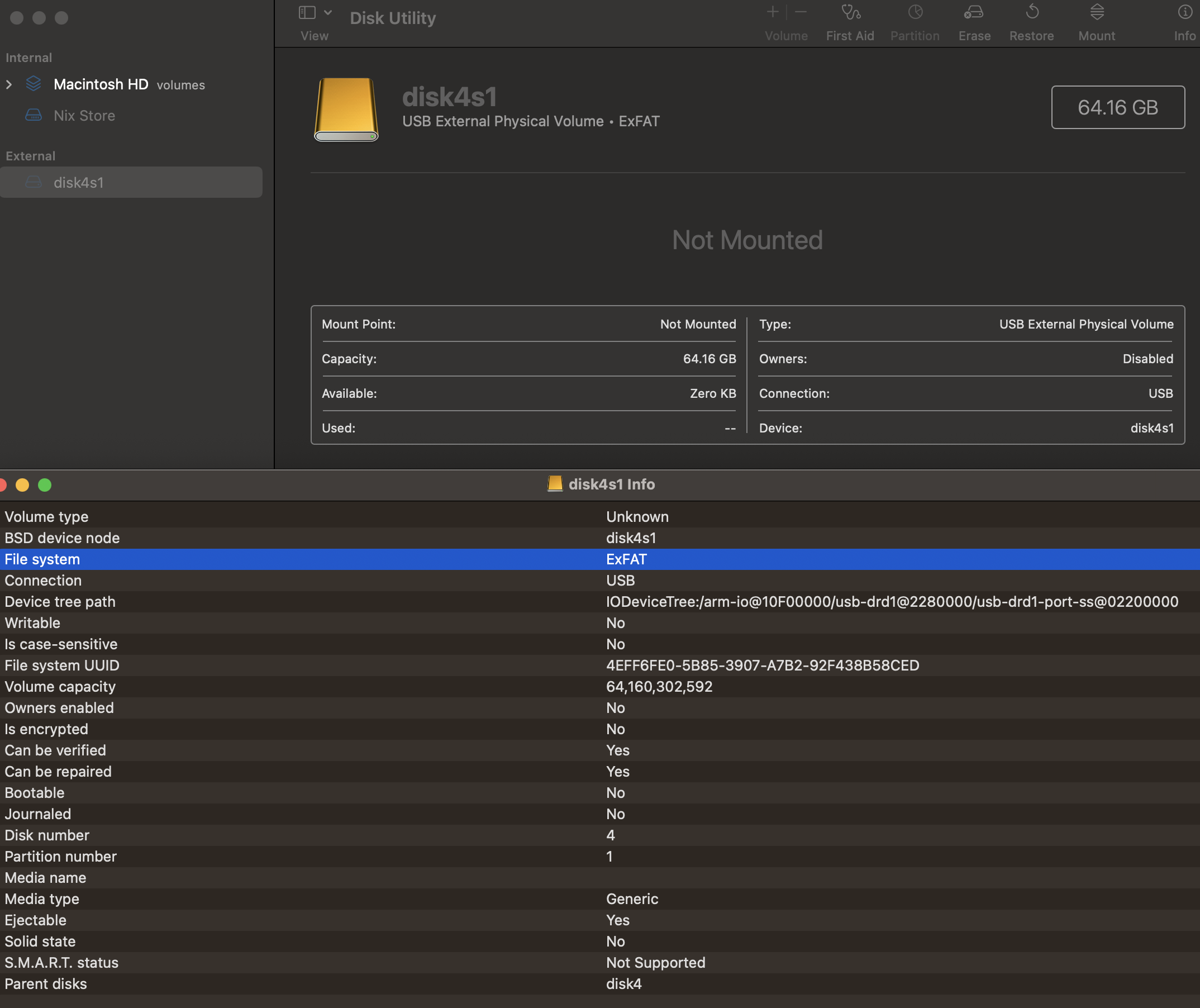 disk4s1 is ExFAT but greyed out and won't mount