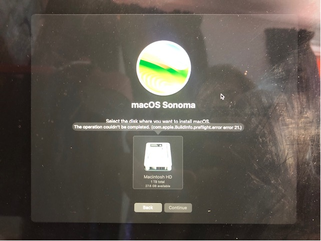 Preflight error 21 just after unlocking hard disk