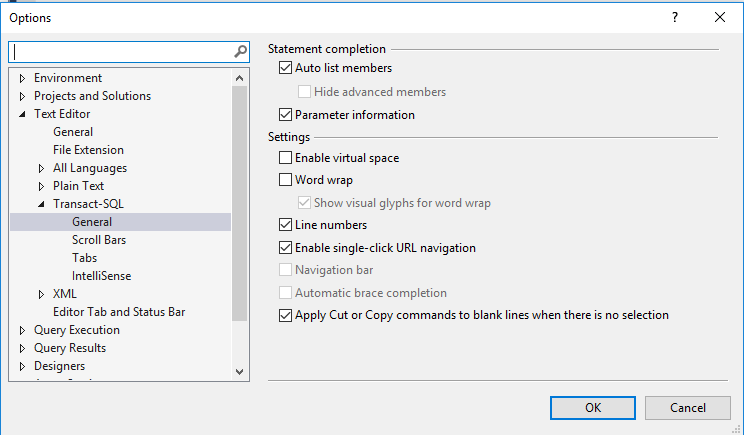 Tools > Options > Text Editor > Transaction SQL > General