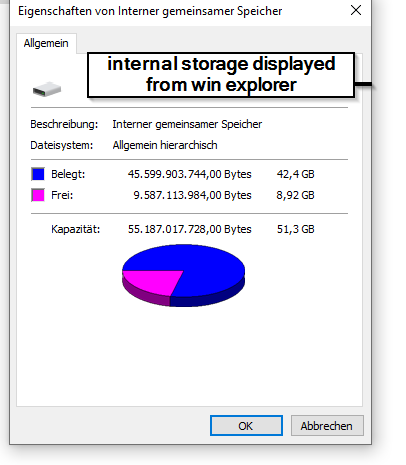 internal storage shown from win explorer