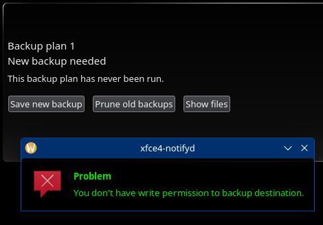Error: You don't have write permission to backup destination.