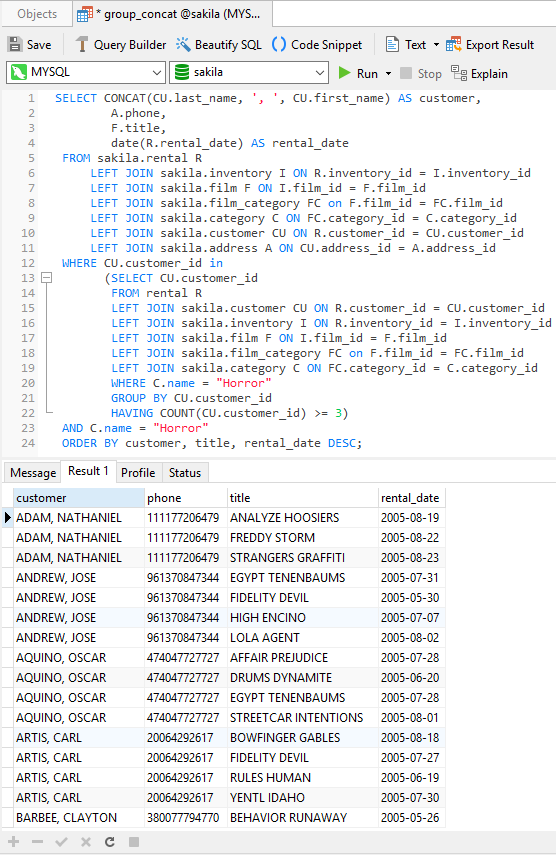 Daily Horror Movie Rentals Query in Navicat for MySQL