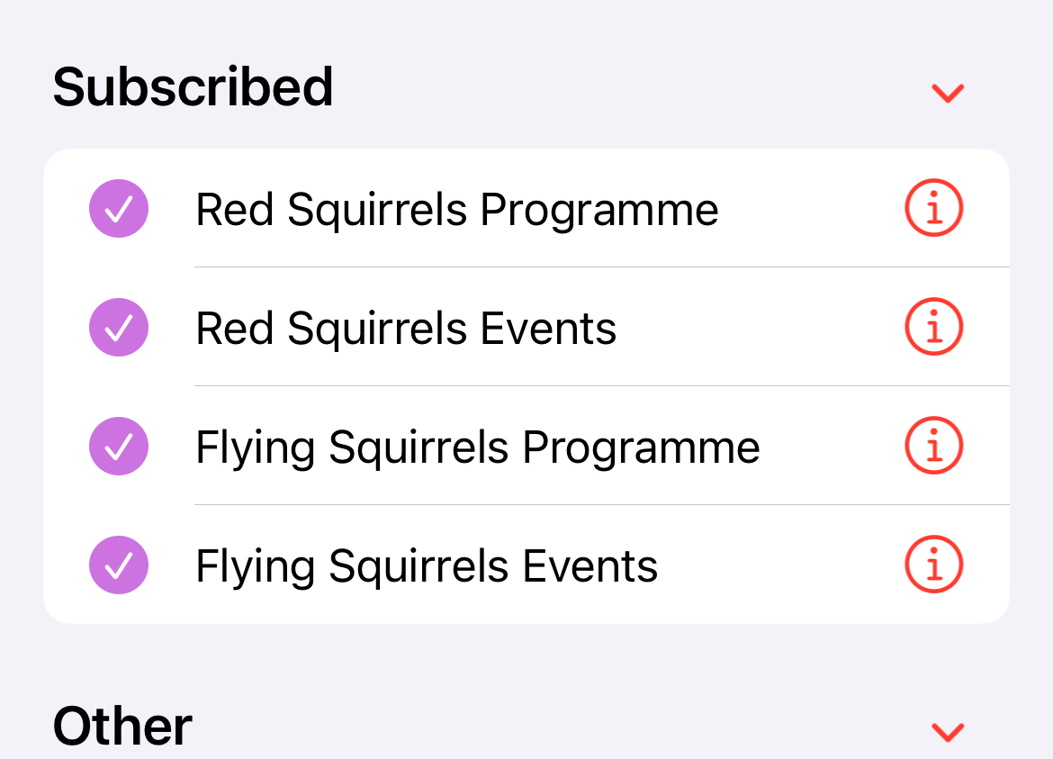 screenshot showing calendars listed under the “subscribed” heading.