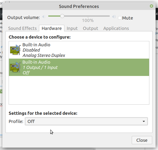 Sound Preferences applet showing analog stereo duplex enabled, with HDMI selected and disabled