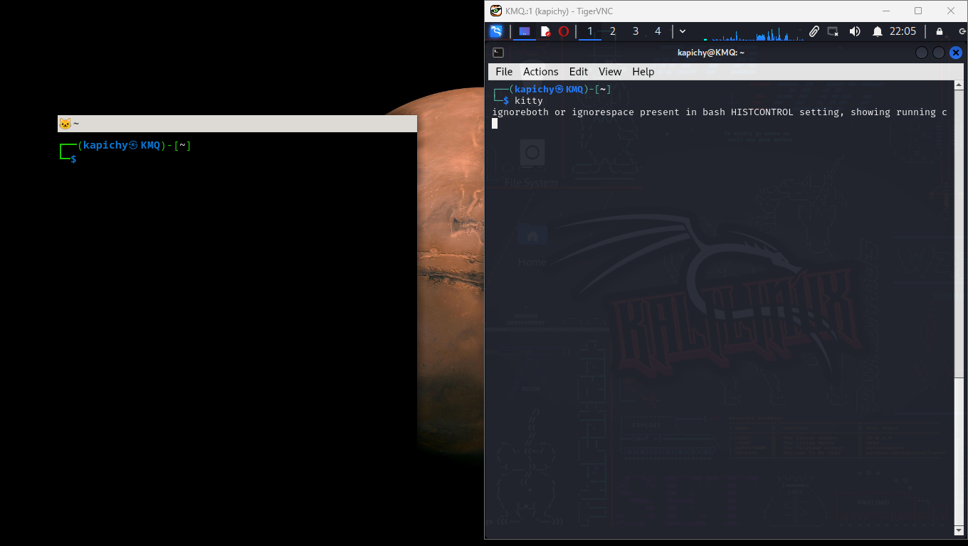Right, the winkex session. Left, the kitty window on windows.