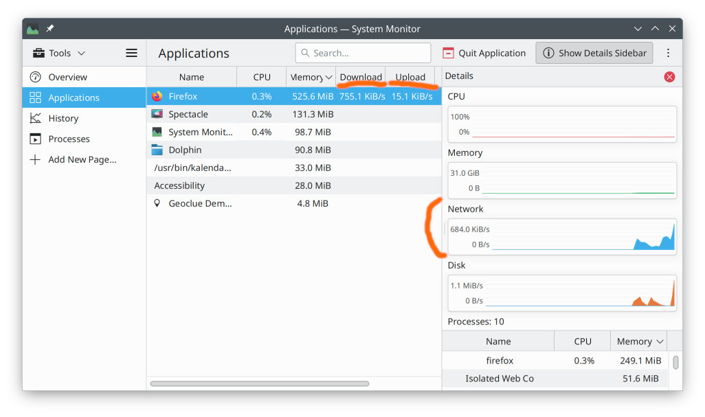 System Monitor showing app-specific network activity