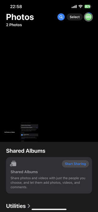 screenshot of an iOS device showing that there are only two photos, screenshots, in the Photos app