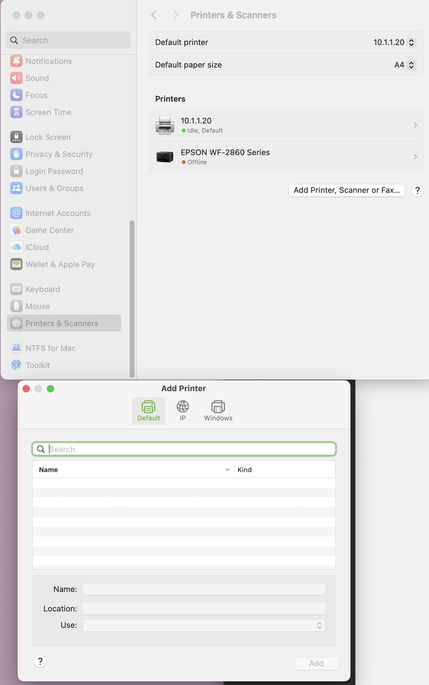 Screenshof of Add Printer dialogue
