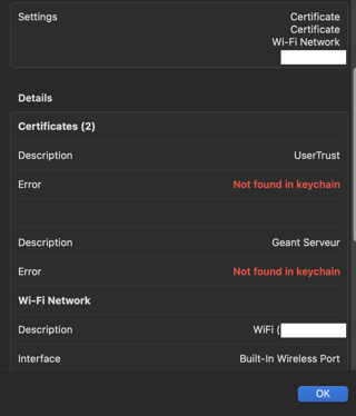 screenshot from configuration profile settings showing that certificates are not in keychain