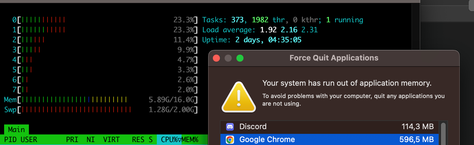 Picture of the top output and the Force Quit Application popup