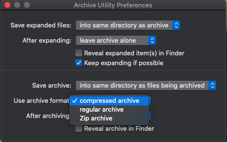 Screenshot of Archive Utility Preferences window