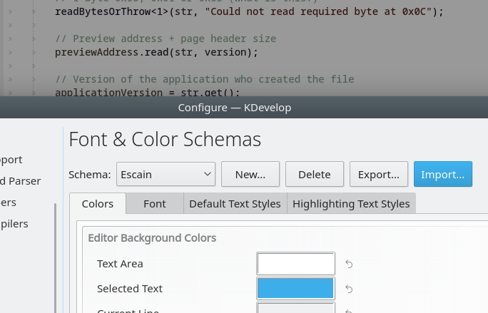 KDevelop 5.3.1 selection of kateschema