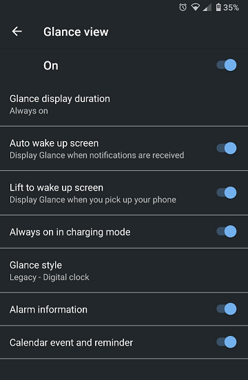 The Glance view settings