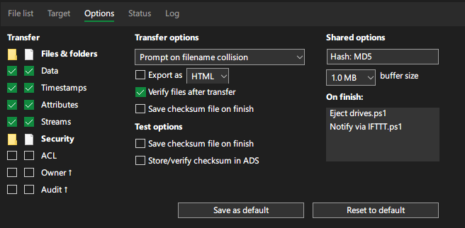 TeraCopy Options tab