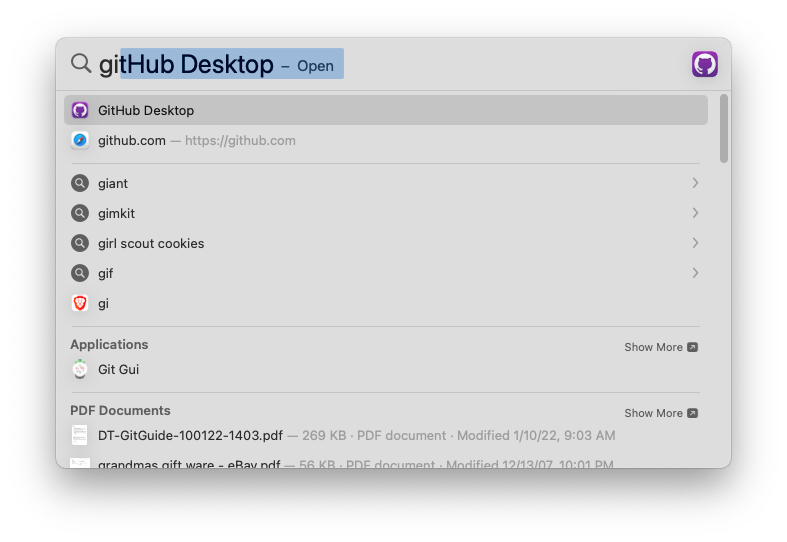 Example Spotlight Search with installed App as default choice
